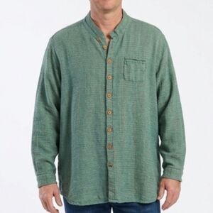 FLAX Slub Linen Button‎ Up Shirt Mandarin Collar Long Sleeve Green Relaxed L EUC
